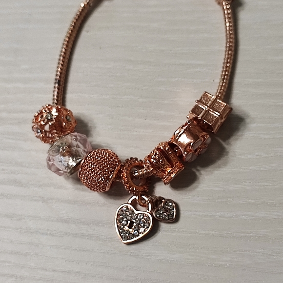 Rose Gold Bracelet Slide Beads Rhinestone Heart Padlock Mesh Snake Chain - Picture 4 of 7